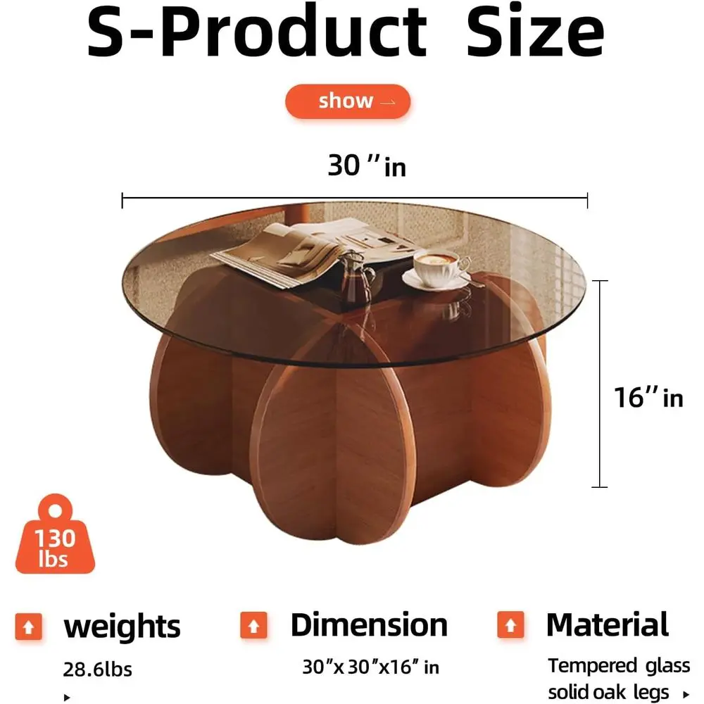 Mid-Century Modern Round Glass Coffee Table - Small Walnut Brown Table for Living Spaces & Offices