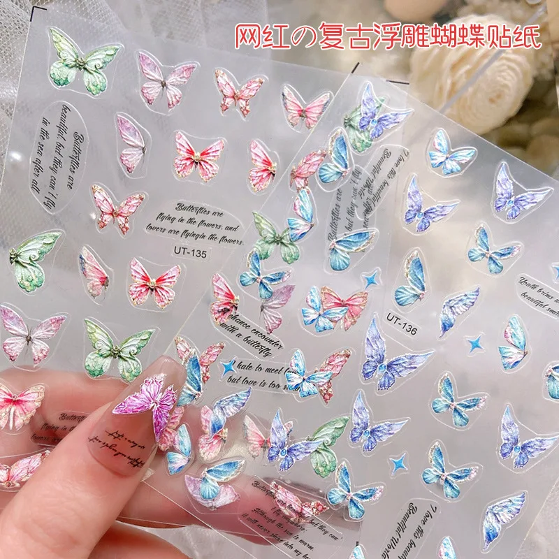 5D Butterfly Nail Stickers Elegant Pink Blue Letter Sliders Decals Embossed Charms Spring Summer Manicure Decoration Sticker #N#