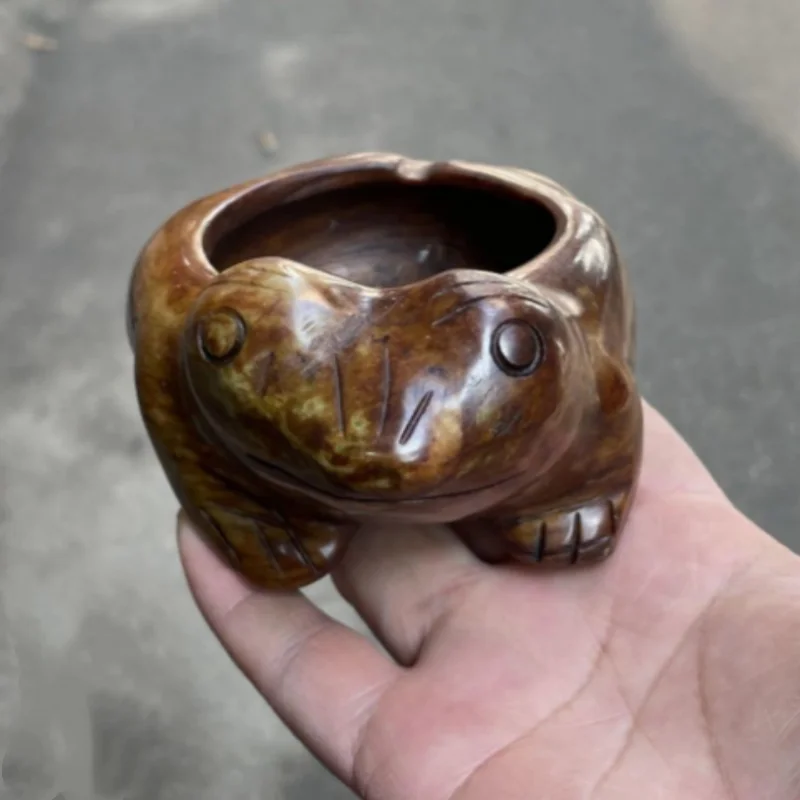 Antique Xiuyu Jade Carved Frog Ashtray & Jar - Home Desktop Ornament, Folk Art Craft, Exquisite Feng Shui Collectible