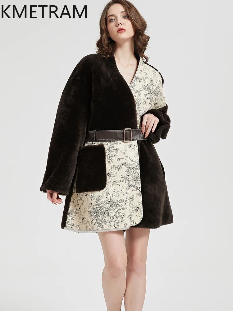 KMETRAM-abrigo de piel de oveja Natural con lana, abrigo de piel atada, chaqueta estampada de color café de longitud media para invierno 2025, con cinturón, шу onder