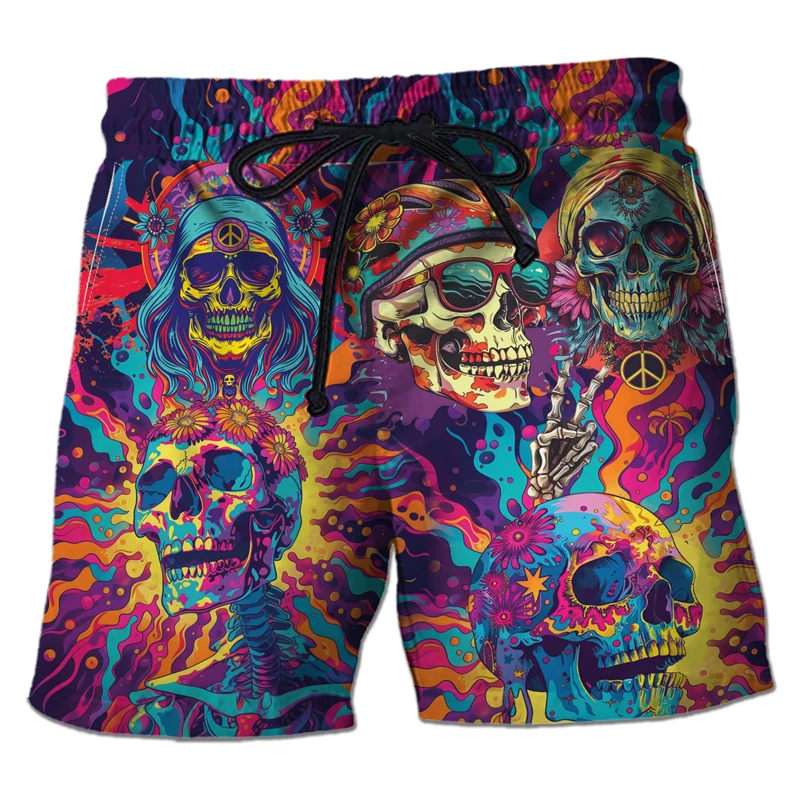 Harajuku Skull Graphic Beach Shorts Hawaiian Male Boardshorts Goth Skeleton Flower Bermudas Hip Hop Short Pants For Men Trousers