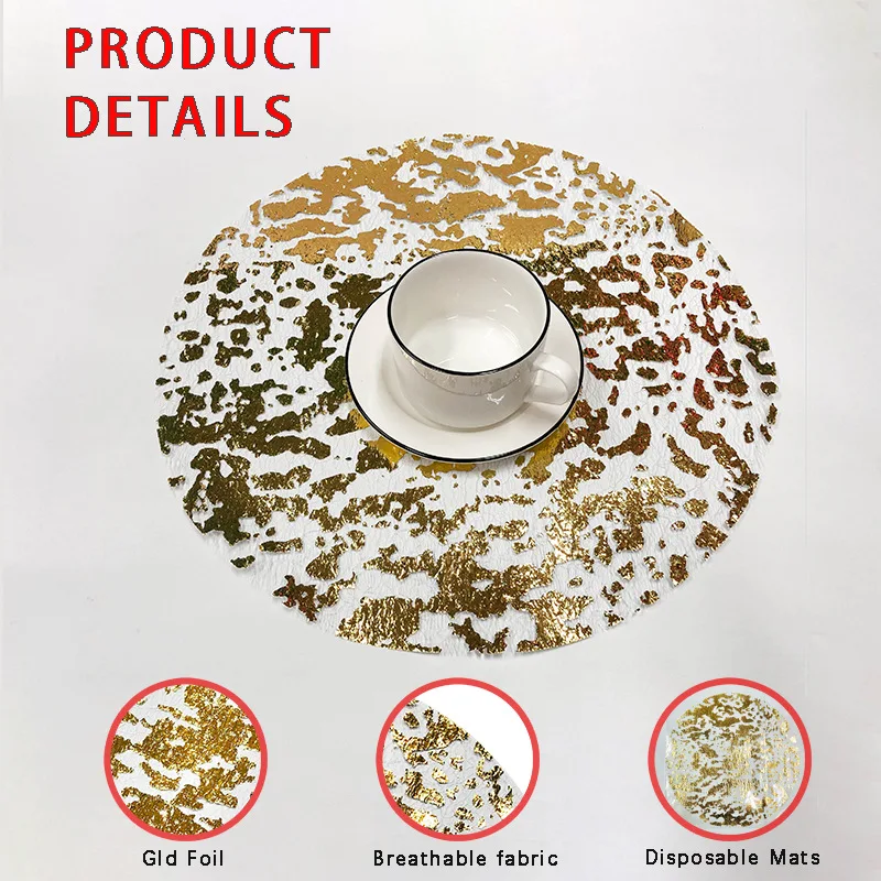 10Pcs Disposable Gold Placemats 13 Inch Metal Round Gold Foil Mesh Pads for Home Dining Table Party Supplies Table Mates