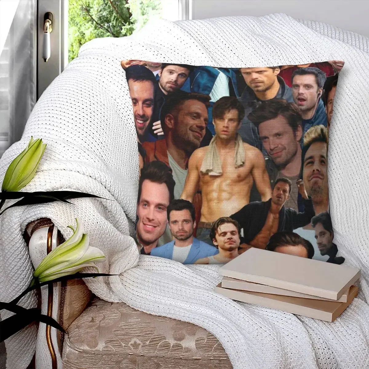 Sebastian Stan Photo Collage Square Pillowcase Pillow Cover Polyester Cushion Decor Comfort Throw Pillow for Home Sofa