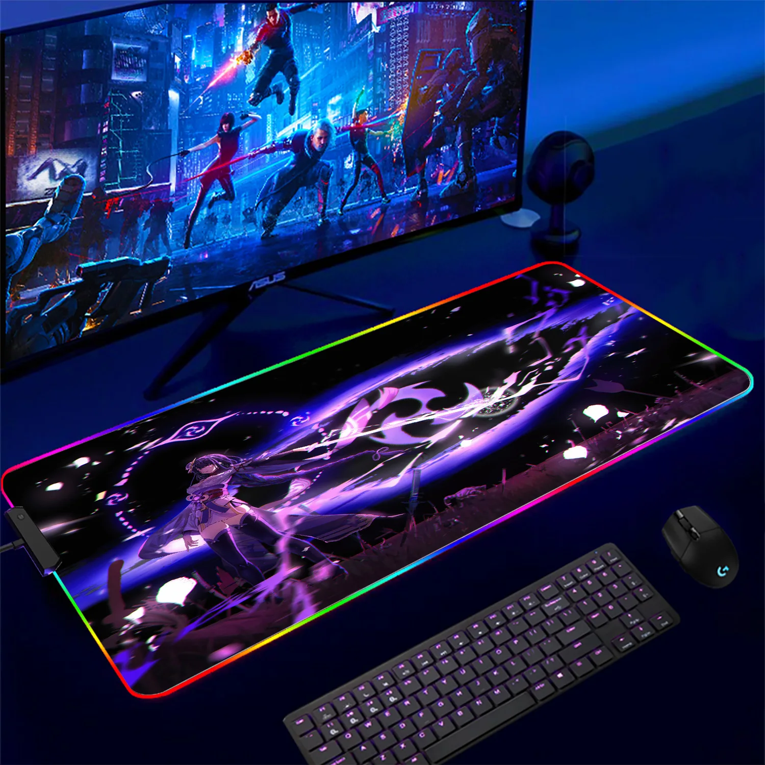 

RGB Mouse Pad Genshin Impact Mousepad Baal Raiden Shogun Gaming Accessories Pc Gamer Cabinet Desk Mat Keyboard Computer Deskmat