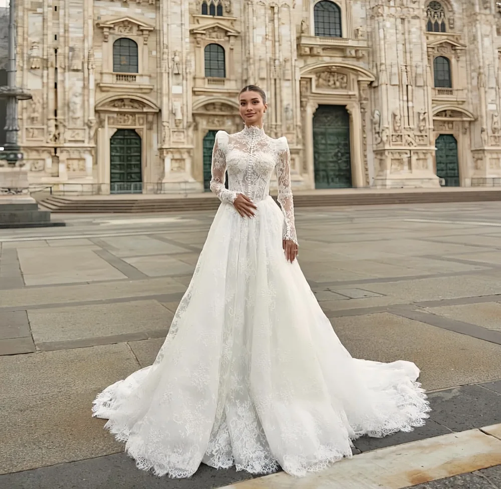 클래식 프랑스어 빈티지 레이스 아플리케 화이트 웨딩 드레스 컷 아웃 Tulle 야외 신부 가운 신부 파티 드레스 맞춤형