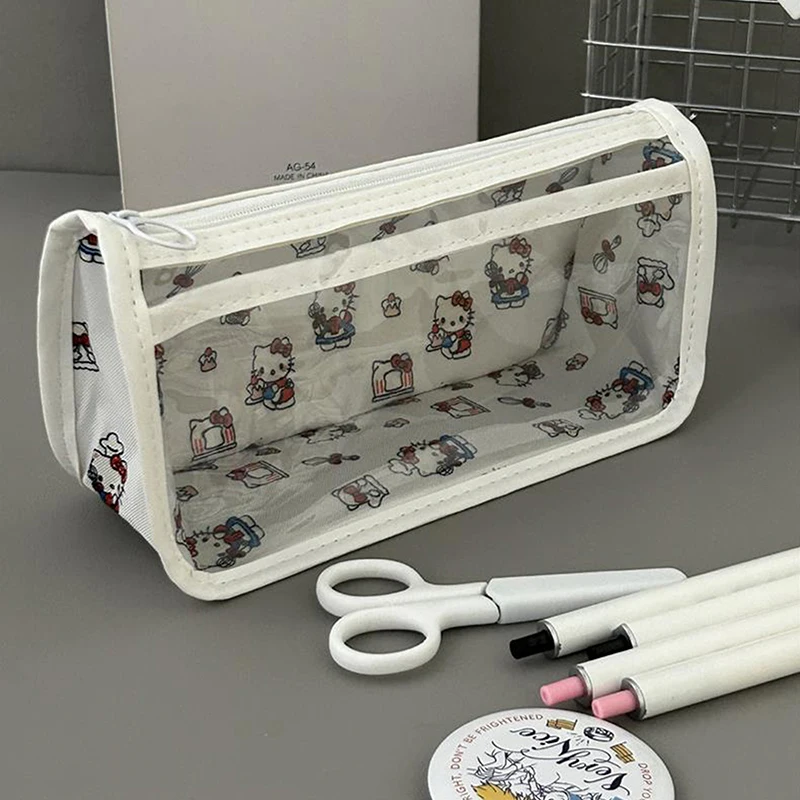 Cartoon Sanrio Translucent Pencil Case Cute Hello Kitty Large Capacity Storage Bag Stationery Supplies Pouch Cosmetic Bags Gifts