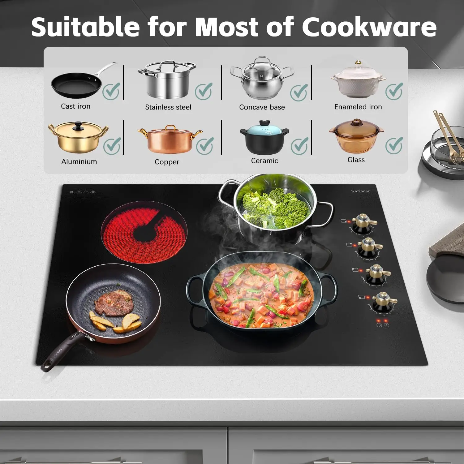 موقد سيراميك كهربائي من نوع Karinear ، تحكم في المقبض ، سلك صلب ، مقبض ذهبي ، 30 "، 4 شعلات ، من من من نوع ww ، من-