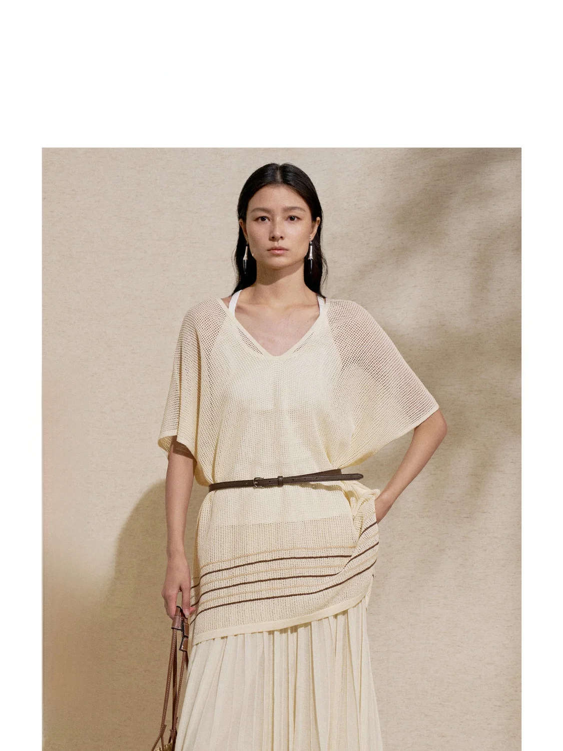 

Женский трикотажный джемпер ZhiZhi Lazy Stripe с V-образным вырезом и вырезами, свободного кроя, летний, новый стиль, с поясом, для прогулок по городу, путешествий и повседневной носки