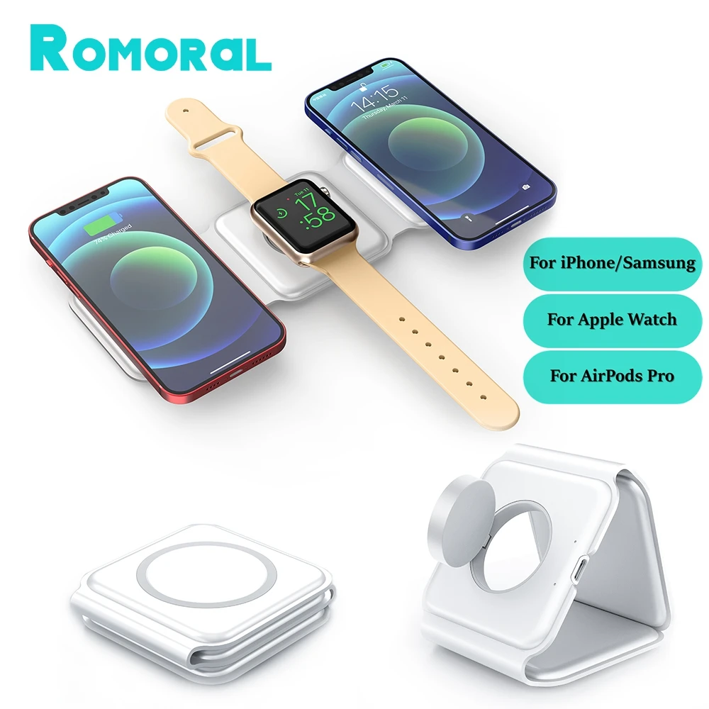 15W Foldable Wireless Charger For Apple Watch AirPod 2 3  iPhone 13 11 12 Pro Max /Samsung 3 in 1 Magnetic Fast Wireless Charger