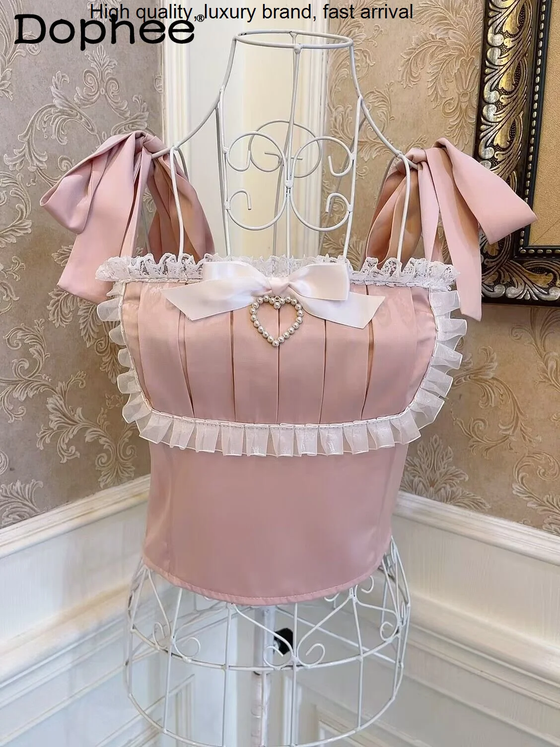 Bow Girl Princess Bandage Pearl Heart Pink Lace Vest Women Spring Wooden Ear Show Umbilical Tank Camisole Female Crop Top