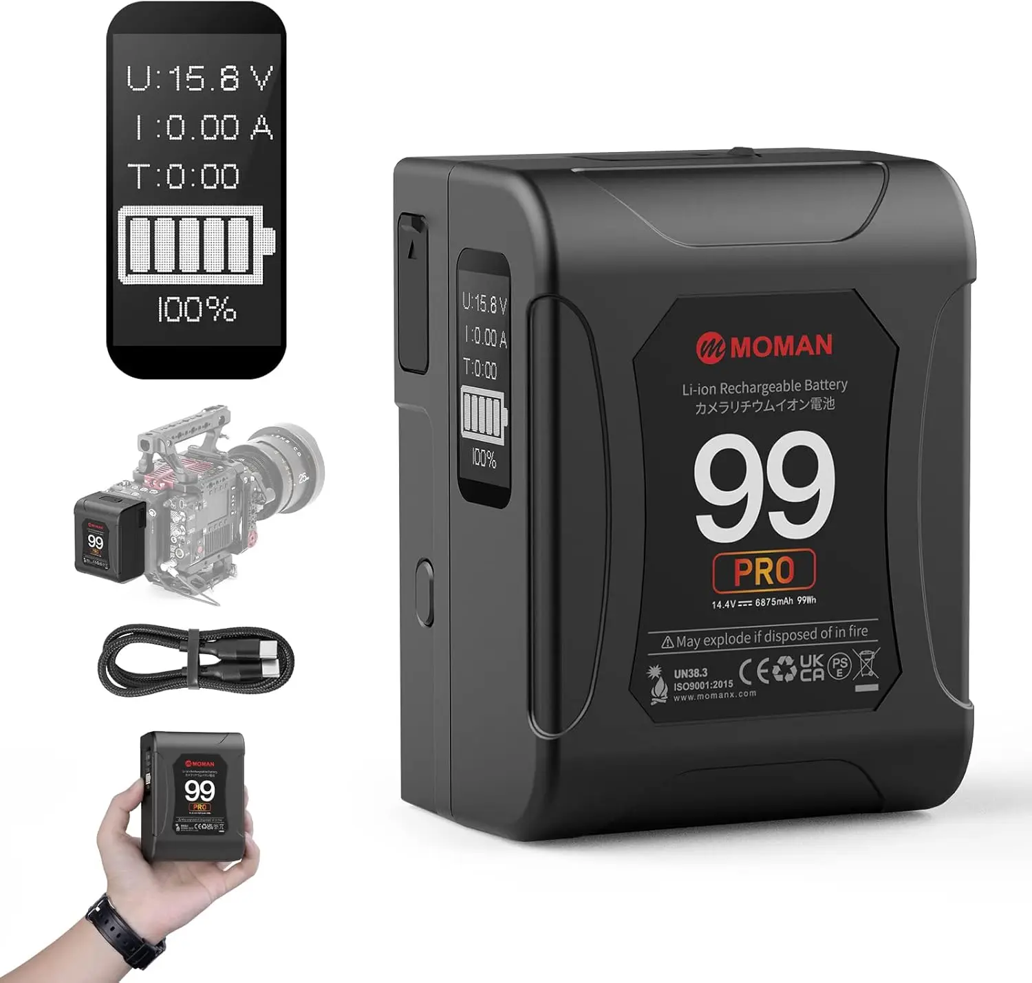 

Moman V Mount Battery Power 99 Pro V-Lock Portable Battery 99Wh/6875mAh with D-TAP/USB-C/A Output Premier OLED with Time Display