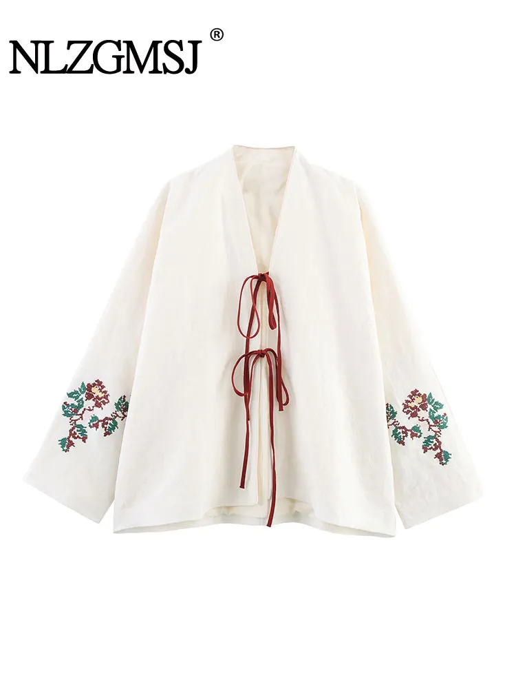 

NLZGMSJ Vintage Embroidery Shirts Women Long Sleeve V Neck Oversized Shirts Female Fashion 2025 Summer Tops