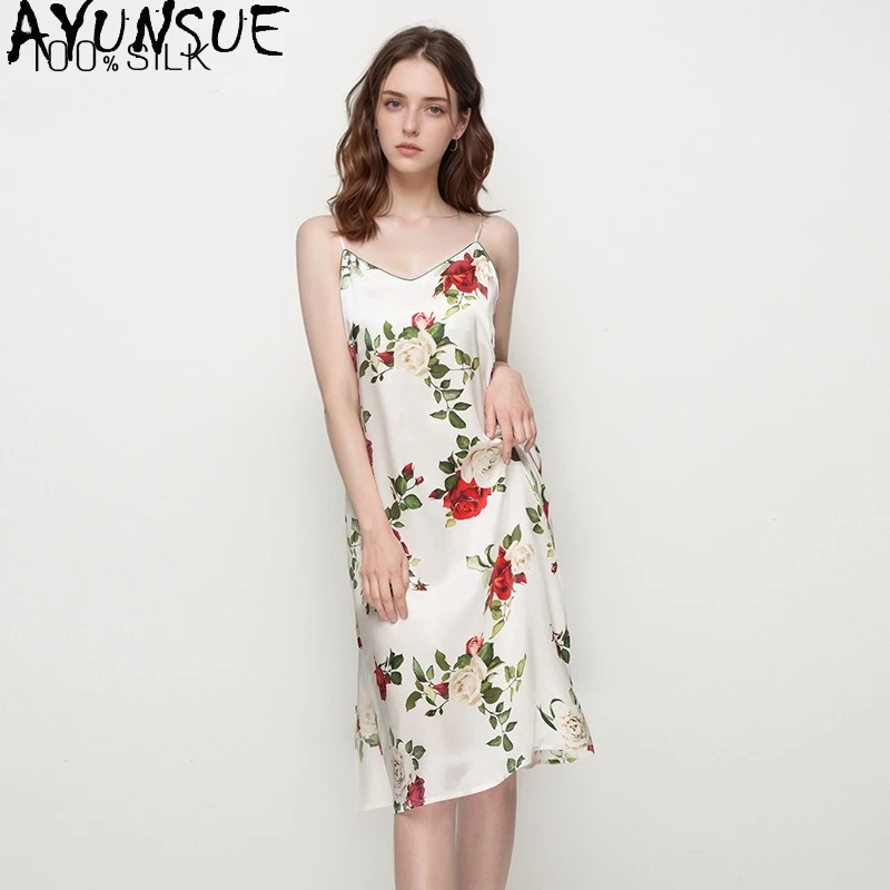 

AYUNSUE 16 мм 100% шелковая пижама шелковицы, сексуальная одежда для сна, ночное платье для женщин, 2026 летняя одежда с принтом, платье на бретельках, женское пижама