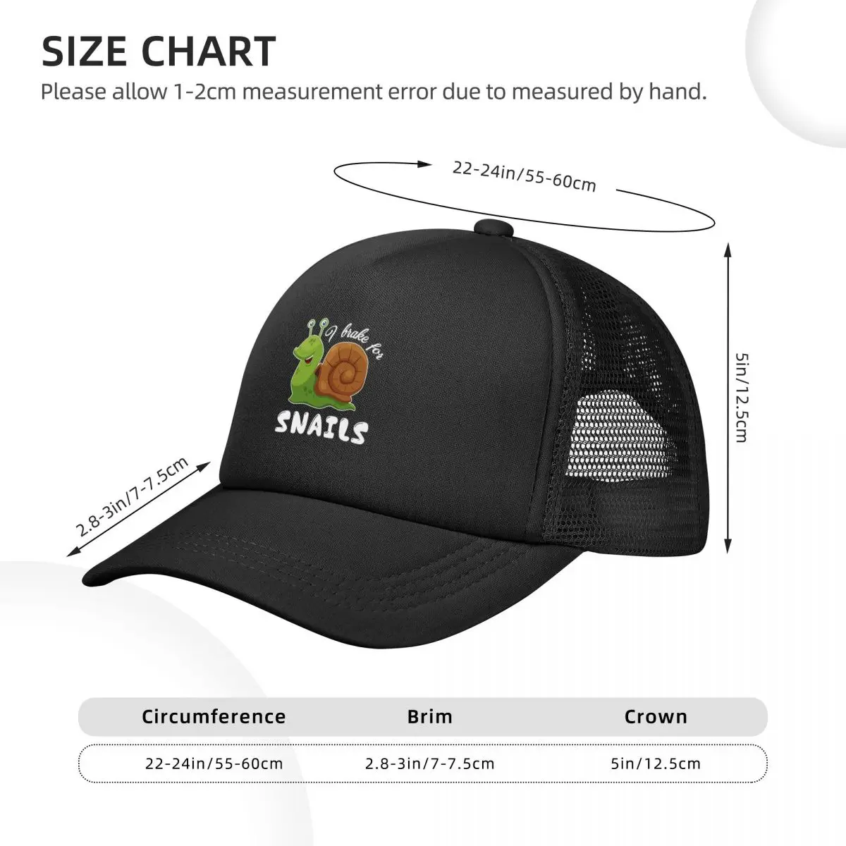 Snail - I Brake For Snails Mesh Baseball Caps Snapback Baseball Hats Breathable Casual Casquette Outdoor For Men's And Women's