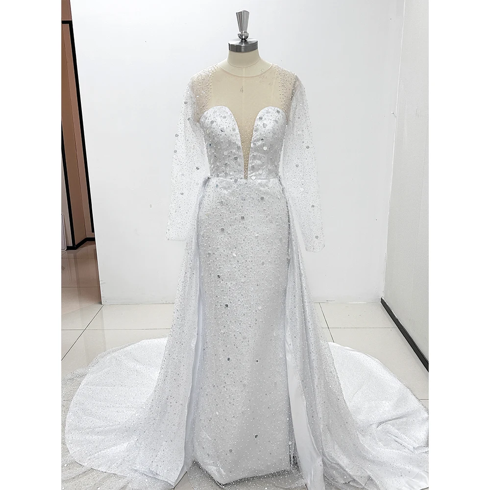 

Gorgeous White Wedding Dresses Elegant O-Neck Long Sleeve Detachable Train Gowns Formal Occasion Sequined Princess Dress