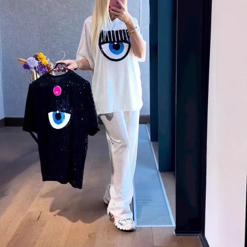 

Trendy 2025 New Spring Summer Women's Short Sleeve Suit Casual Big Eyes O-neck Loose Design Sense Ladies Streetwear Two-piece