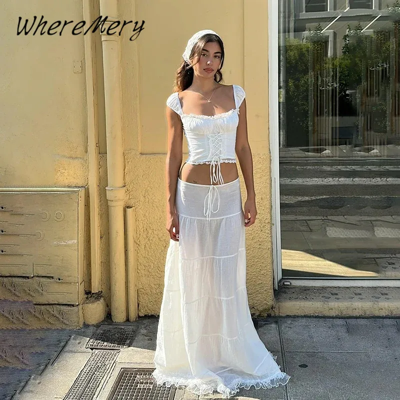 WhereMery Elegant Lace Patchwork Bandage Tank Top With Low-waist Draw-string Long Skirts Summer French Gentle Women 2 Piece Sets