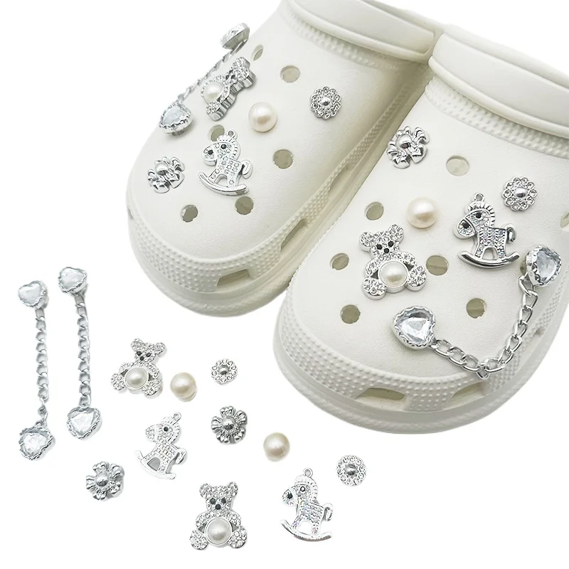 

12PCS Fashion Shoe Charms Set Accessories Hole Shoe Buckle Silver Chain Rhinestones Cute Bear DIY 3D Shoes Decorations