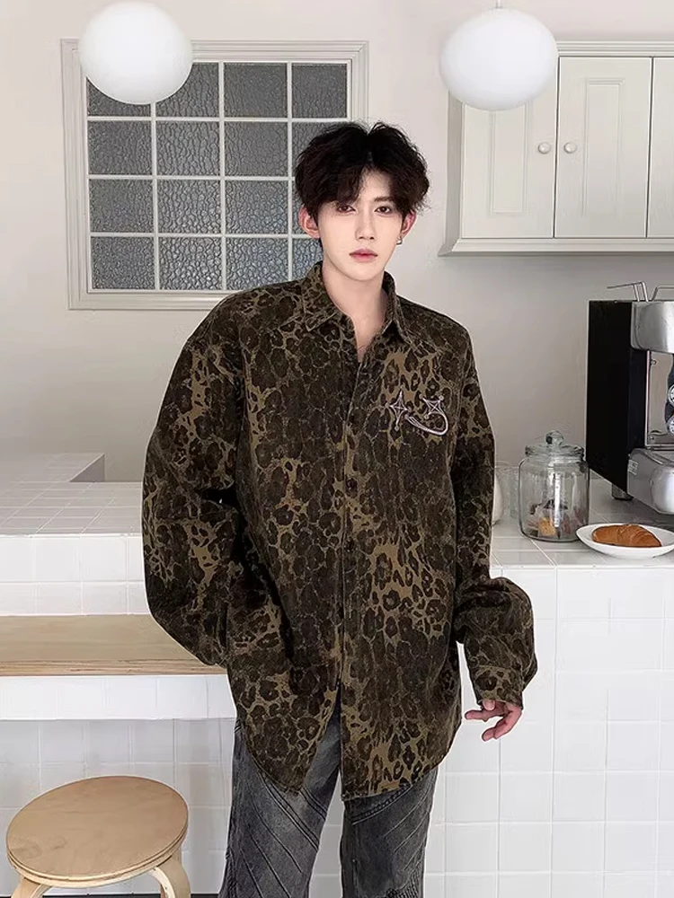 

American Retro Leopard Print Long Sve irt Men's Spring Autumn High Sensation Cool Street Sle Outerwear Stand Fit