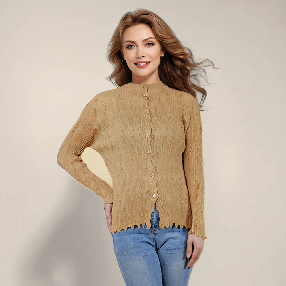

Folded semi-transparent long-sleeved top, femininity women's T-shirt, wicker pleated bottoming shirt, fashionable simple tempera