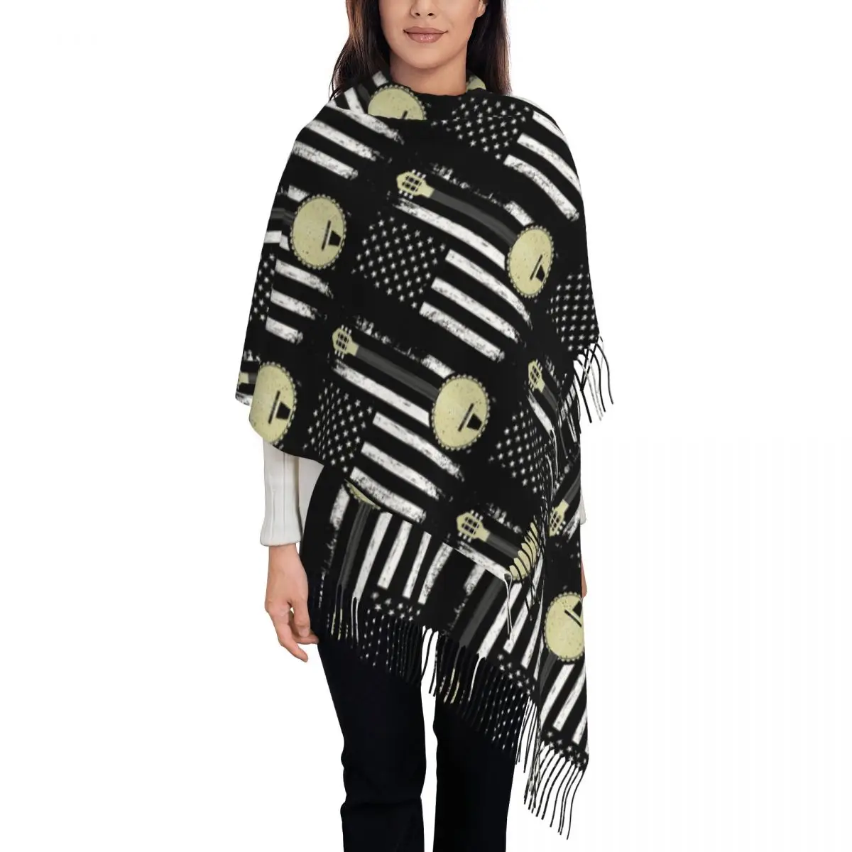 Bluegrass البانجو الأمريكية الولايات المتحدة العلم الموسيقار هدية وشاح شرابة الأوشحة النساء لينة الدافئة شالات ويلتف طويل الخريف الشتاء شال التفاف #1