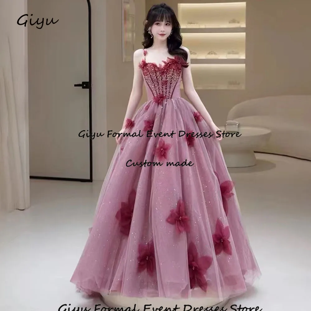 Giyu Fairy 3D Followers Evening Gown Dress Shining Spaghetti Strap Floor-Length Wedding Party Dress Graduation Dress