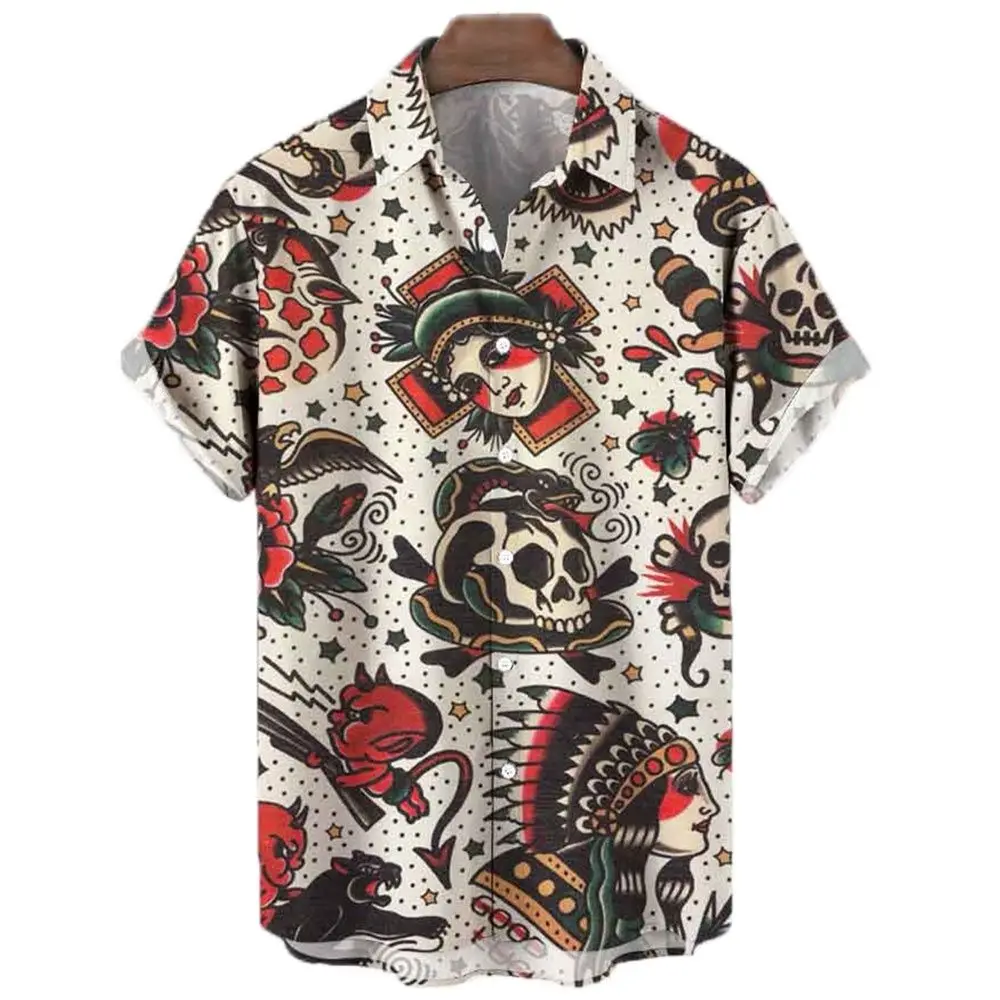 Men\'s Shirt Sailing Skull Print Shirts Hawaiian Fashion Casual Rock Print Plus Size Tops 2023 New Beach Men\'s Clothing Shirt