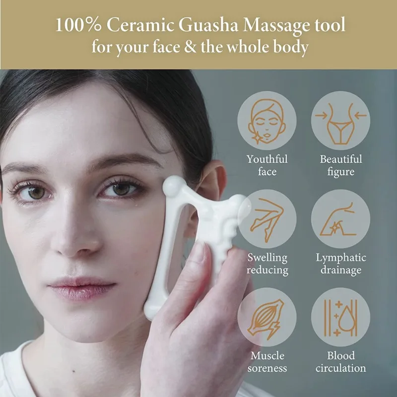 Facial Guasha Massage Board, Cerâmica Natural, Reduzir Gordura, Trigger de Drenagem Linfática Portátil, Face Lift, Alívio Muscular