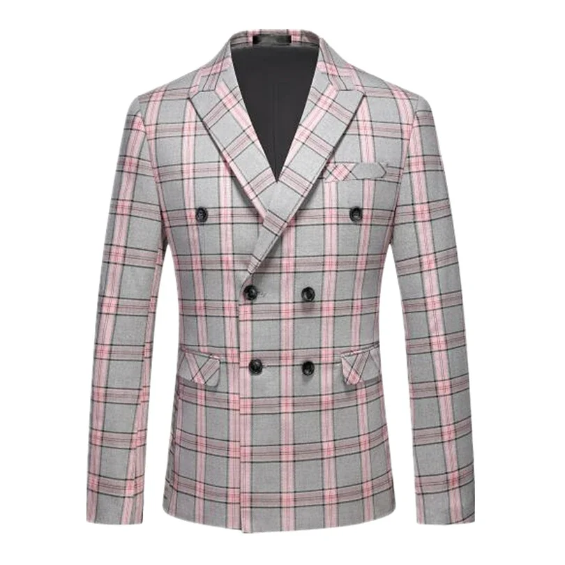 2024 New Red Double-breasted Men Striped Suit Jacket Fashion Slim Men Striped Plaid Dress Coat Red Purple Pink Gray Blazers 6XL