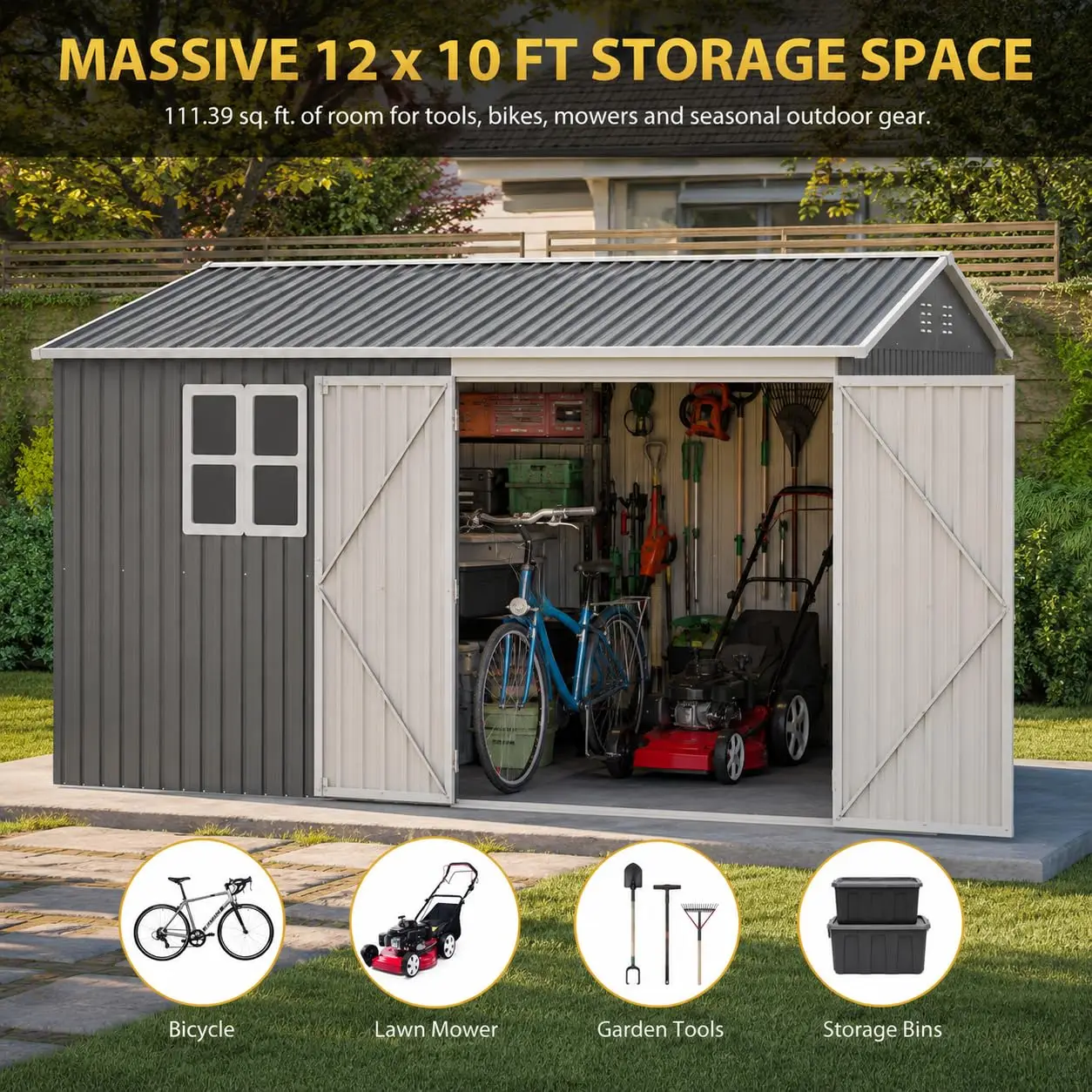 10x12 Metal Storage Shed with Lockable Door, Window, Vents & Sloped Roof, Waterproof Outdoor Storage, Customized