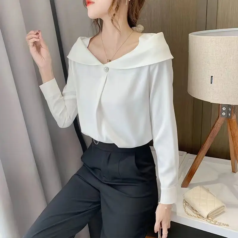 Spring Straight Neck Off Shoulder Fashion Basic Solid Color Chiffon Blouses Full Sleeve Top Elegant Office Shirts Lady Clothes