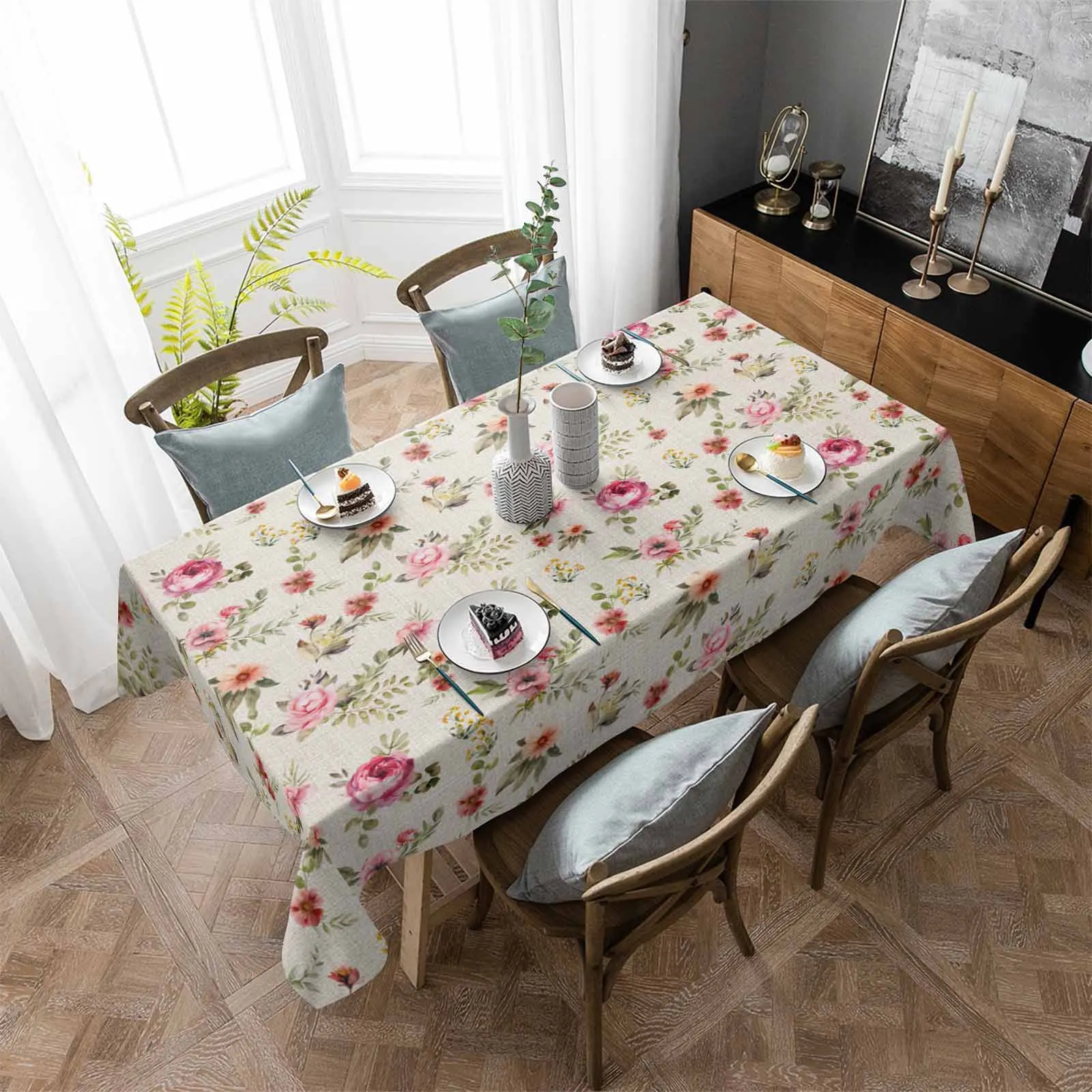 Watercolor Floral Hand-Painted Plant Retro Table Cloth Waterproof Dining Tablecloth Kitchen Decorative Party Table Cover