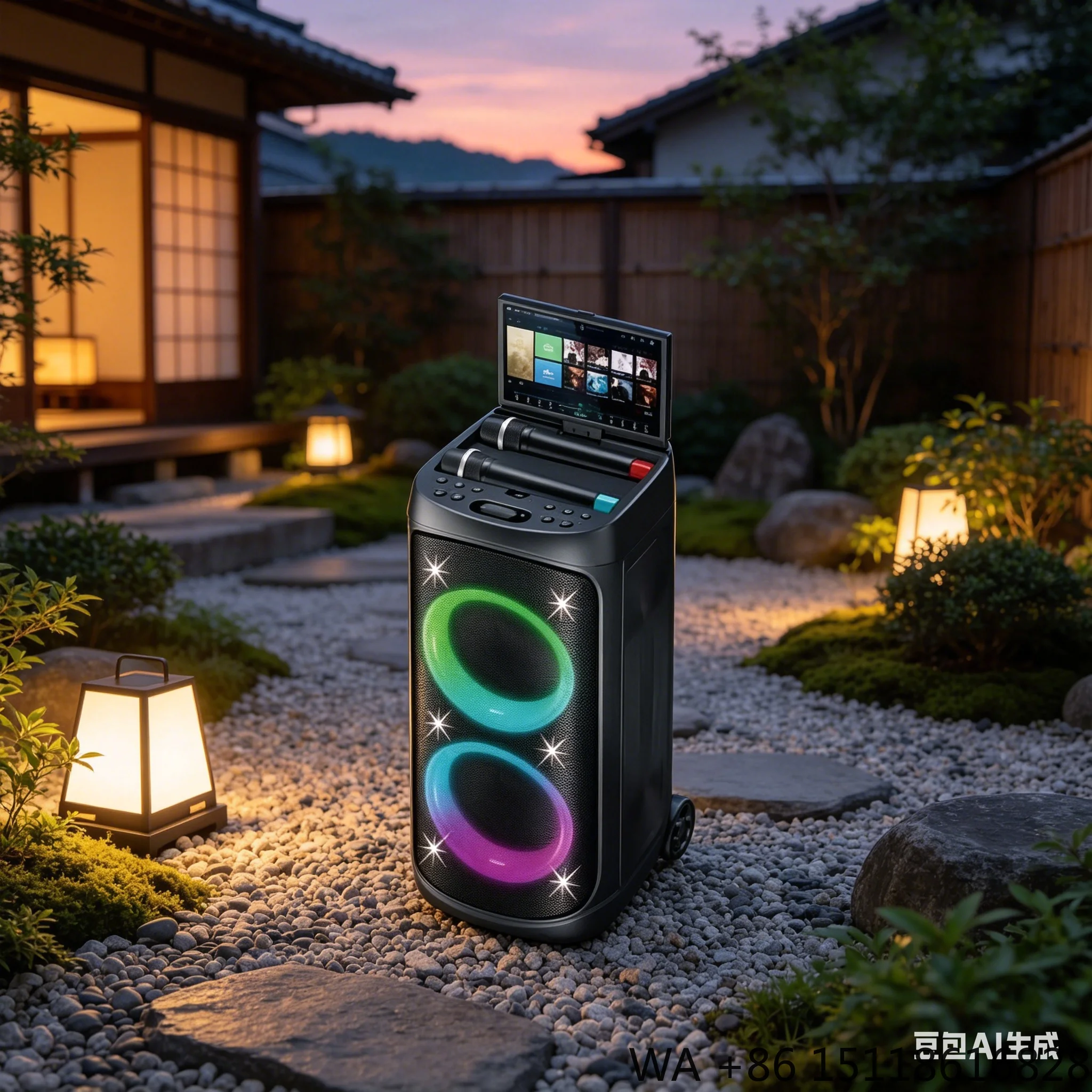 Home KTV Karaoke Speaker System with Touch Screen, 2 Wireless Mics, RGB Light, Portable Trolley Blue Tooth Speaker