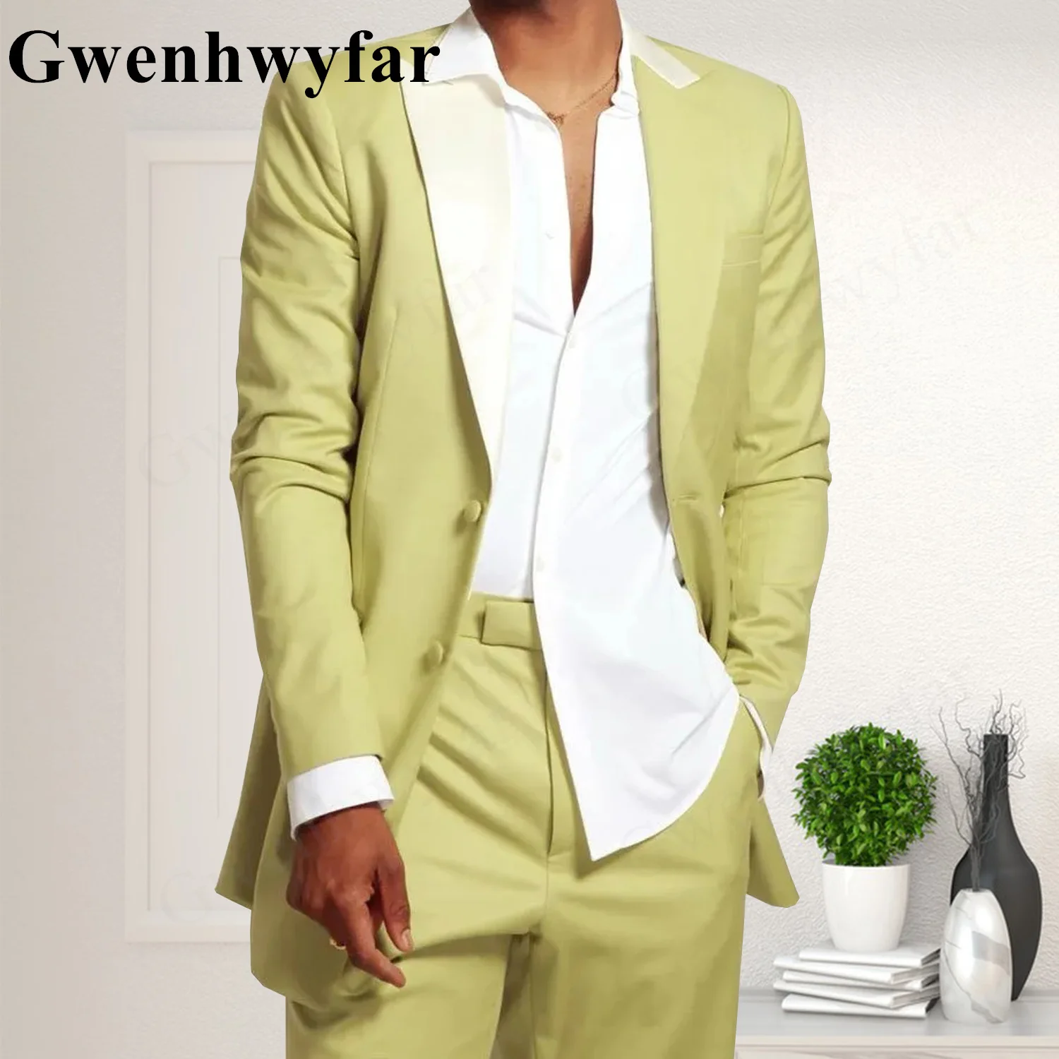 

Gwenhwyfar New Mint Green Men's Suit 2 Pieces Single Breasted Peaked Lapel Flat Slim Fit Casual Tuxedos For Wedding(Blazer+Pant)