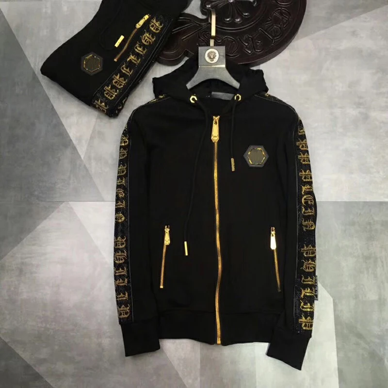 Men hooded sweater letter gold hot drill long sleeve cardigan coat European and American fashion cotton high street tracksuits