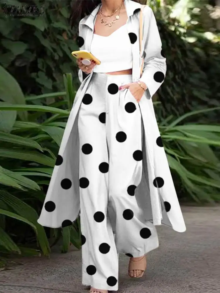 ZANZEA 2PCS Fashion Women Bohemian Polka Dot Tracksuit Spring Long Sleeve Blouse Wide Leg Trousers Suits Loose Urban Pant Sets