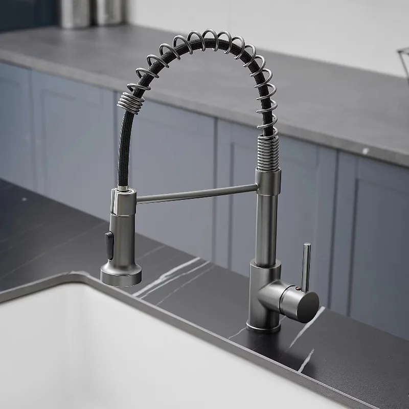 

Luxury Grey Pull-Down Kitchen Faucet Single Handle Modern Design Ceramic Valve Core Brass Material Single Hole Sprayer