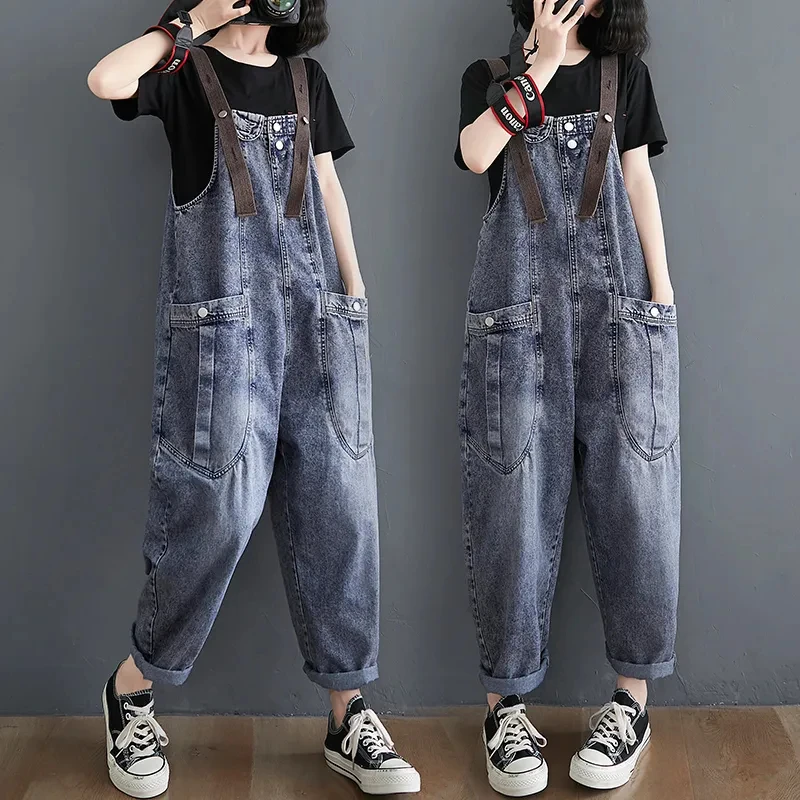 Women's Denim Jumpsuit 2024 Spring/Summer New Loose Harlan Jeans with Shoulder Straps Women Casual Ankle Length Pants