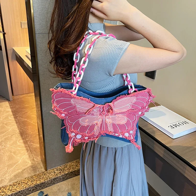 Underarm Bag with Bow Knot, Beauty Pink Butterfly Handheld Chain Bag, Lady Style INS Denim Tassel Shoulder Bag