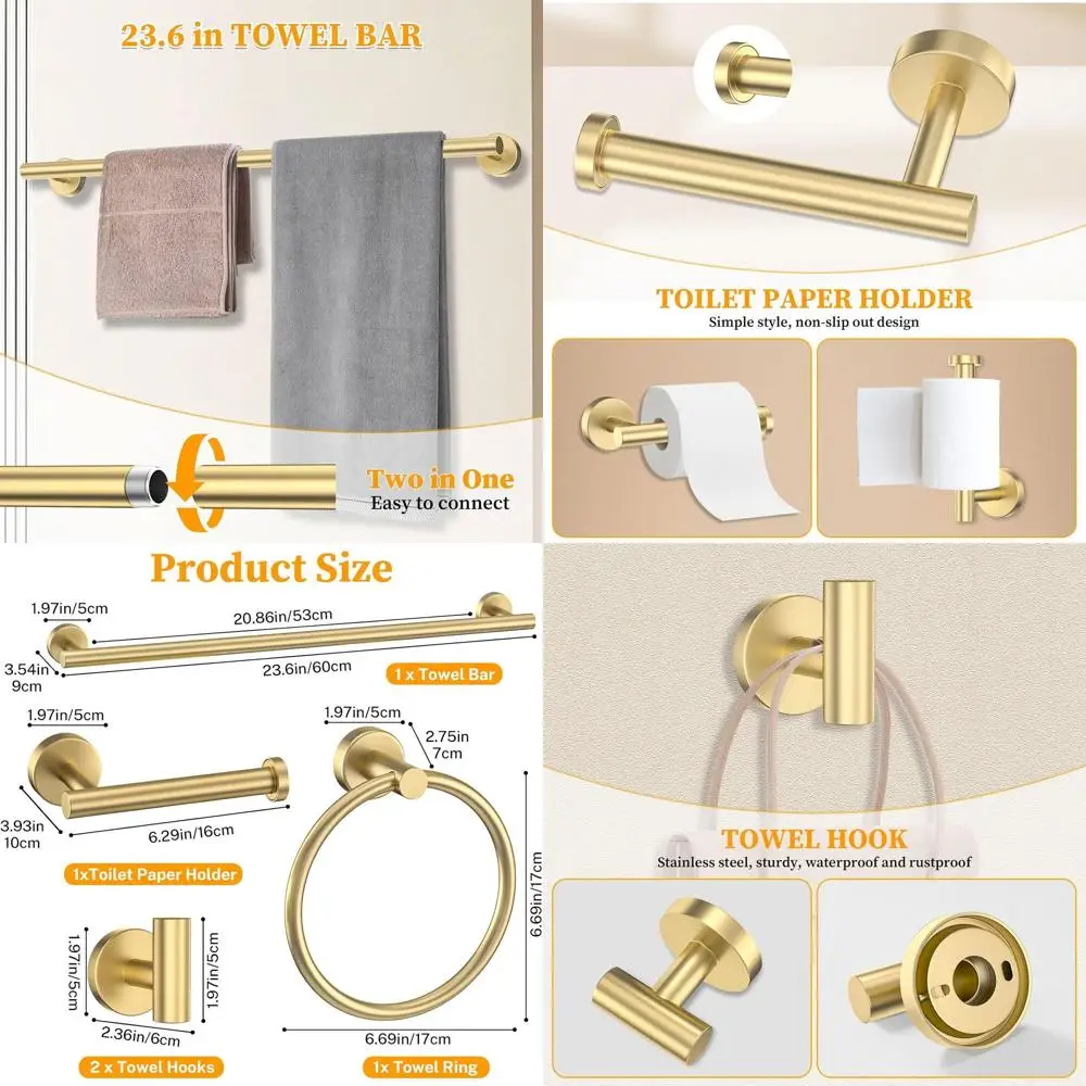 

Набор из 10 предметов для ванной комнаты из матового золота: держатель для полотенец 23,6 дюйма, кольцо для полотенец, держатель для туалетной бумаги, крючки