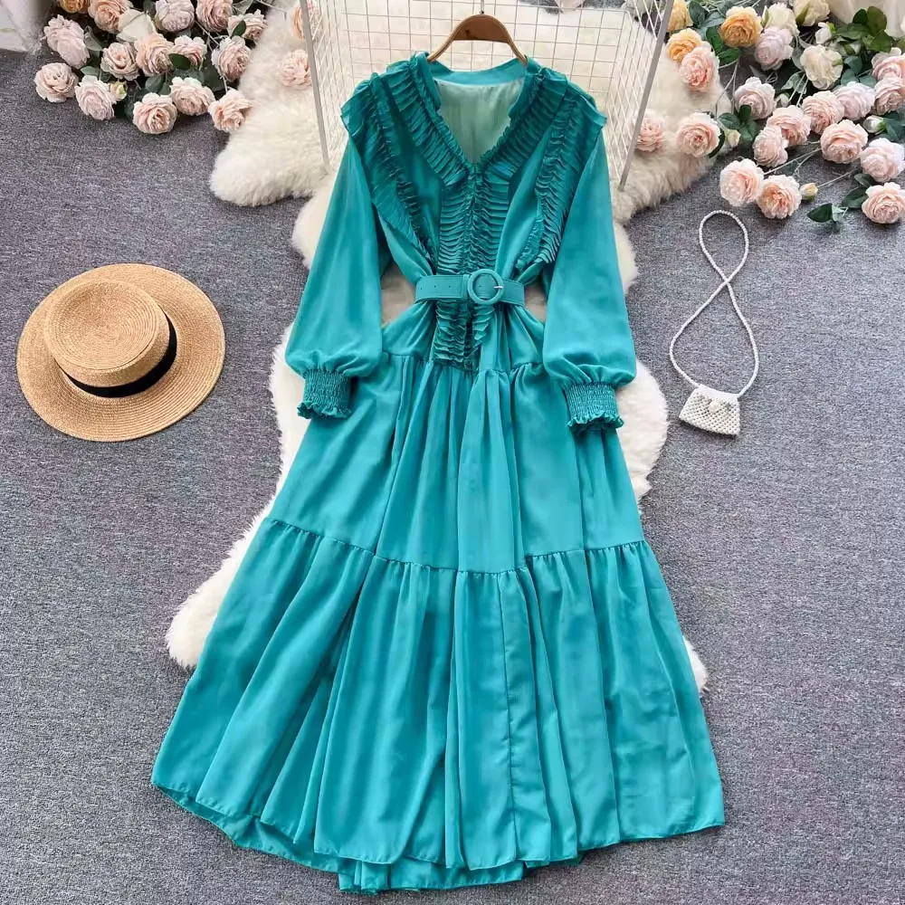 

New Spring Summer Women Elegant V Neck Ruffles Long Dress Lady Fashion Slim With Belt High Waist A Line Solid Color Chiffon Dres