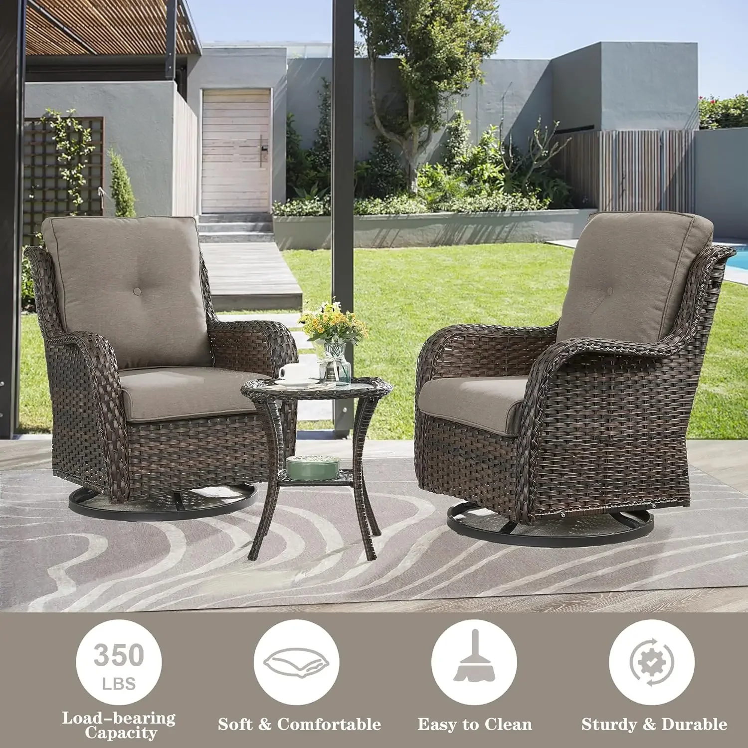 Patio Furniture Set Swivel Rcoker - 3 Pieces Outdoor Glider Rocking Chairs with Small Side Table, Wicker Chair Sets for Porch