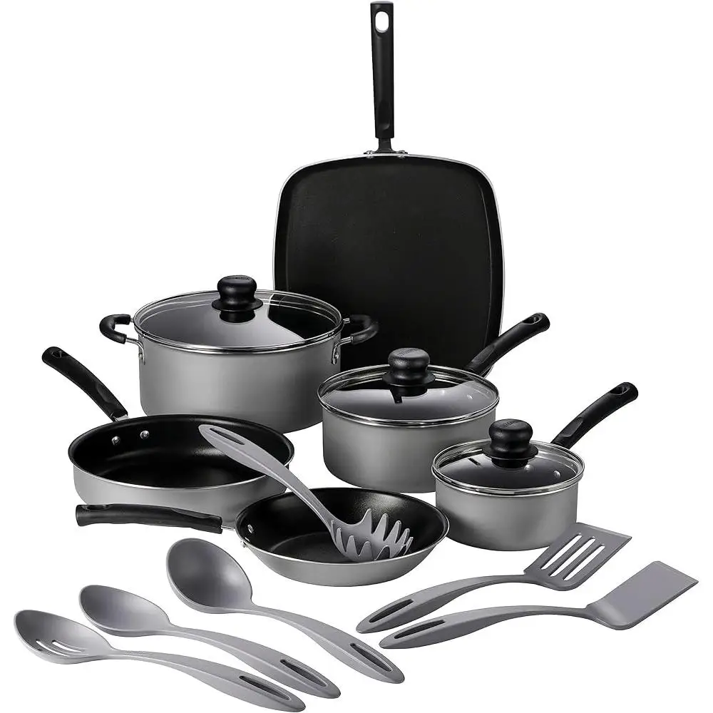 Aluminum Nonstick Cookware Set 15 Pieces with Utensils Ergonomic Handles Durable Easy Clean Compatible with Gas Electric Ceramic