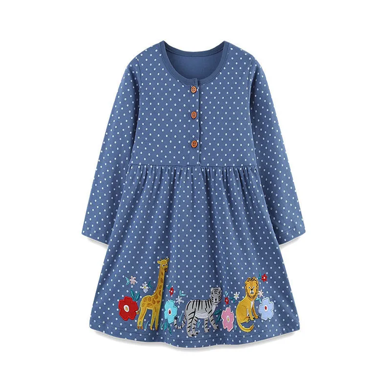 

Girffes 2-7T Animals Long Sleeve Embroidery Princess Girls Dresses Polka Dots Children's Clothes Party Kids Frocks