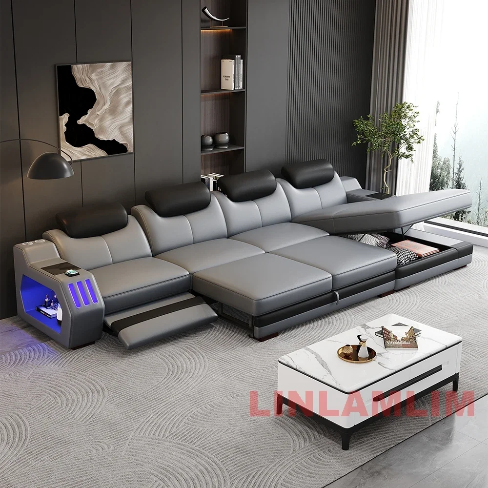 Modern Genuine Leather Massage Sectional Sofa Bed with Adjustable Headrests & LED Lights, Recliner Couch Set with Storage & USB