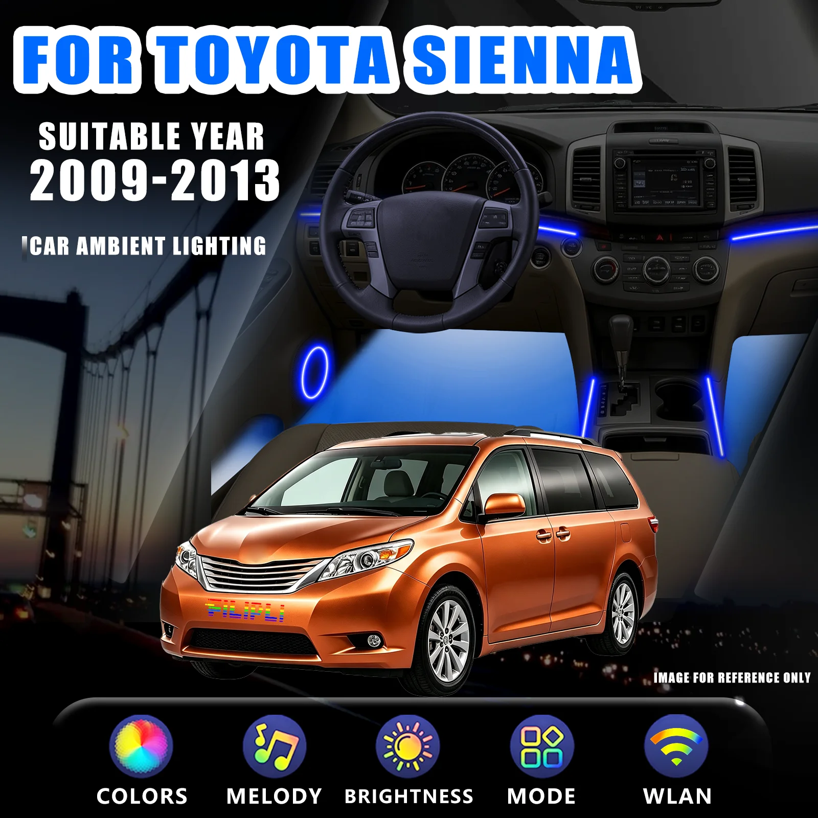 FOR TOYOTA Sienna 2009-2013 YEAR RGB 6 Lights car ambient light kit zone brightness independent control lock car delay fade dedicated plug adapter plug play constant current drive lighting kit