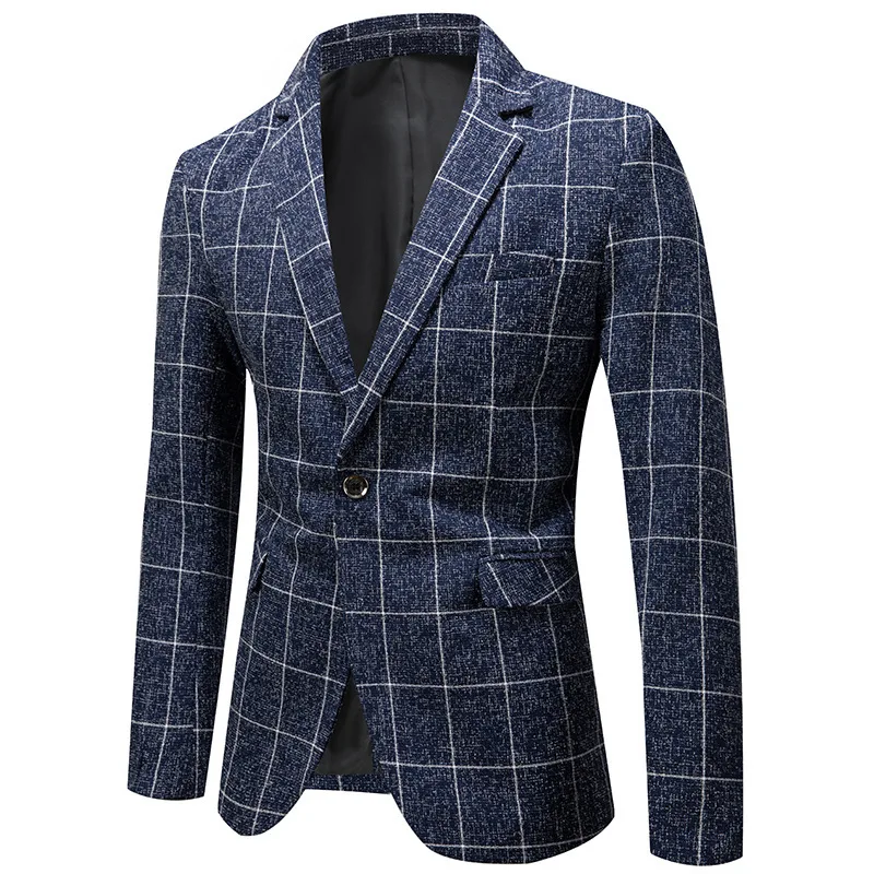 Casaco de blazer formal masculino, estilo coreano, listras xadrez, terno justo, jaqueta de negócios masculina, roupa casual masculina, moda, outono, inverno