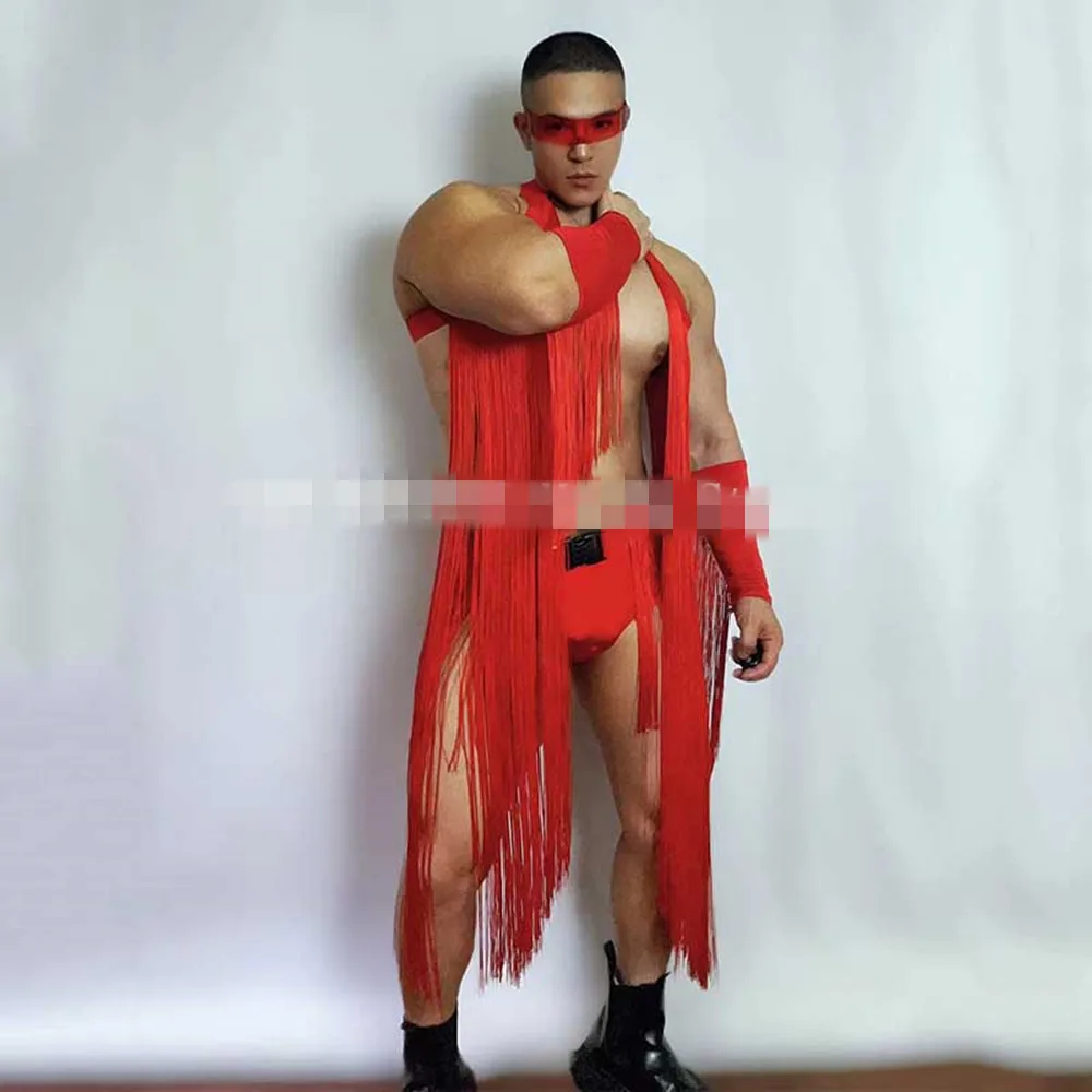 2025 폴댄스 의상 남성 섹시 고고댄서 의류 레드 태슬 탑 반바지 나이트클럽 바 댄스웨어 남성 페스티벌 레이브 의상