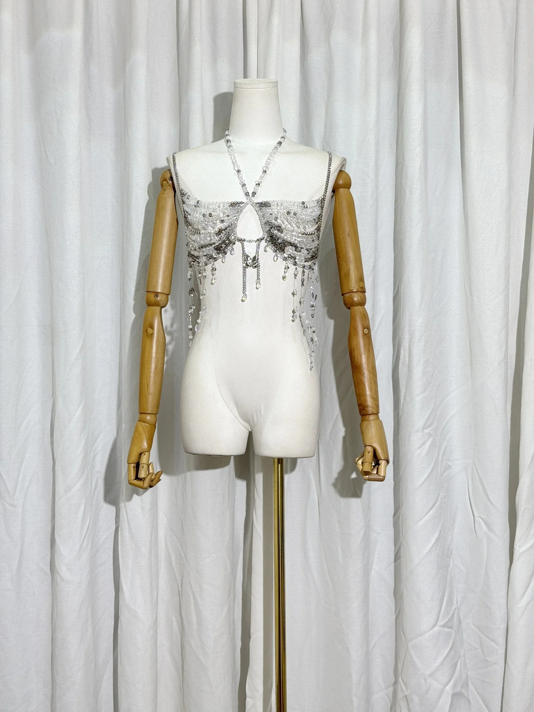 

Deluxe New Handmade Women Sexy Irregular Shape Beaded Butterfly Body Chain Pearl Halter Top Tassel Bikini Bra