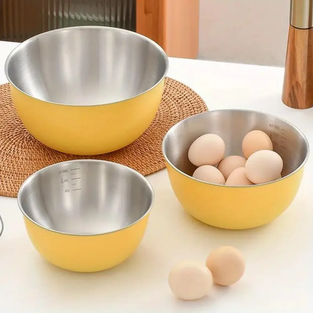 Cuenco para mezclar ensalada de acero inoxidable, cuencos coreanos de almacenamiento de verduras de gran capacidad, amarillo/blanco con escala, cuenco para batir huevos, Ramen